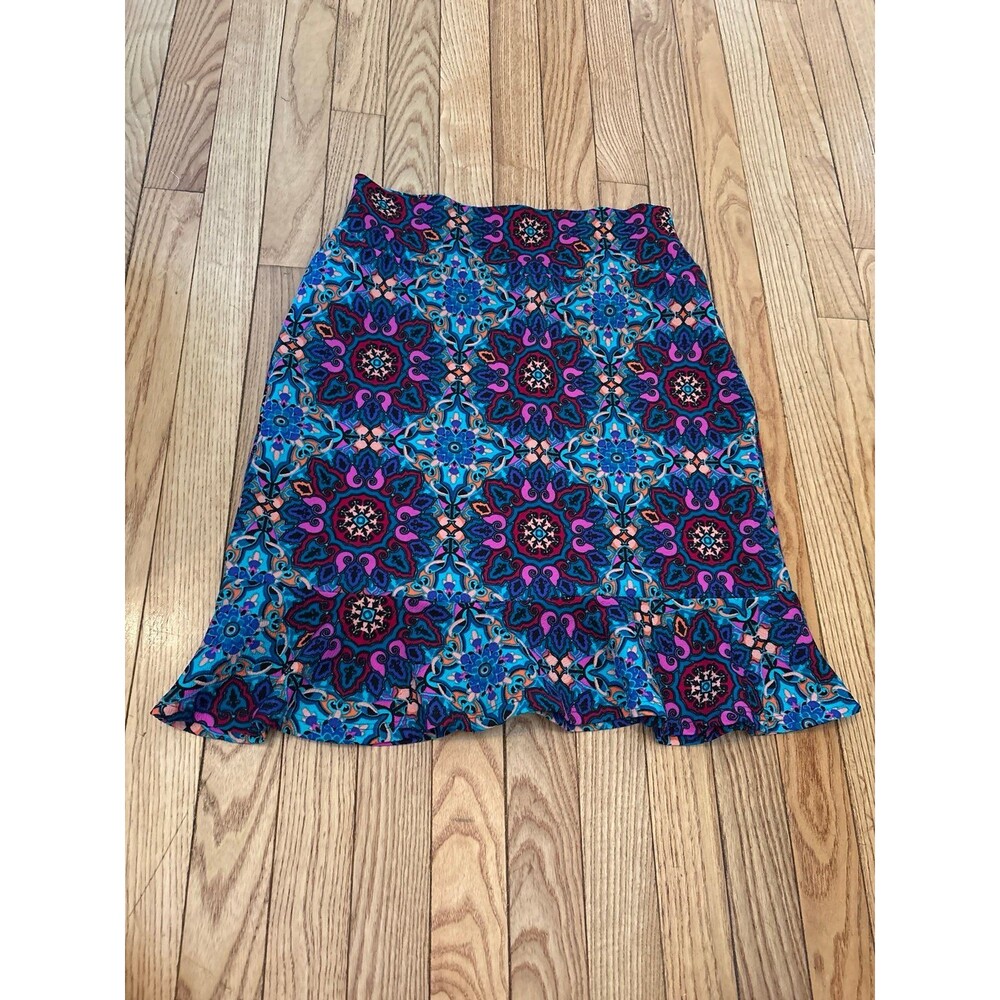 Woman's pencil skirt ruffle hem yogaband neon Paisley floral medallion vintage